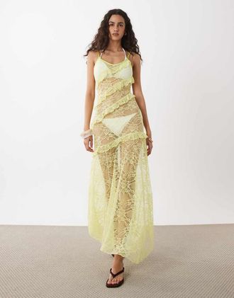 Wild Lovers Sunkiss - Vestito da mare lungo in pizzo color lime con volant-Verde