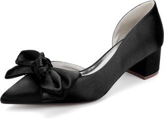 Generic Womens Satin Bridal Wedding Pumps Pointed Toe Block Heel Bridal Low Heels Style Bow Bridesmaid Shoes 4.5Cm,Black,10 UK