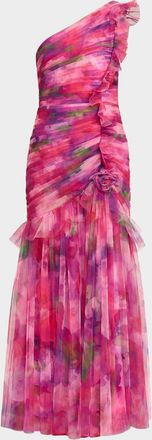 Theia Myrtle One-Shoulder Ruffle Tulle Mermaid Gown