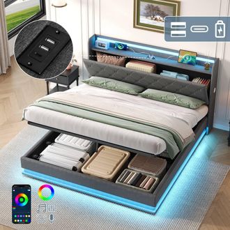 Matteo King Upholstered Grey Linen Bed Frame with Storage & LED