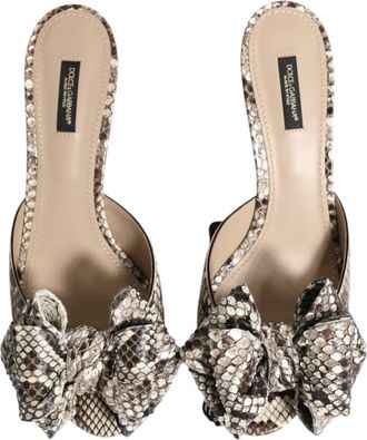 Dolce & Gabbana Womens Multicolor Keira Bow Leather Peep Toe Mules Shoes Python