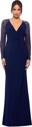 Betsy & Adam Mesh-Sleeve V-Neck Evening Gown In Blue