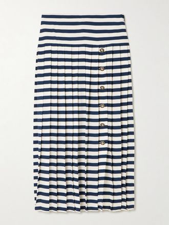 Rixo Gonna Midi In Cr&ecirc;pe De Chine Di Seta A Righe E Pieghe Una - Verde