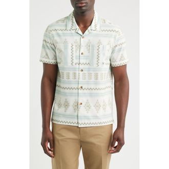 Dark Seas Palmetto Geo Pattern Cotton Camp Shirt in Off-White/Blue at Nordstrom, Size Xx-Large