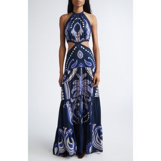 Johanna Ortiz Floral Paisley Double Silk Georgette Maxi Dress in Navy /Ecru at Nordstrom, Size 10
