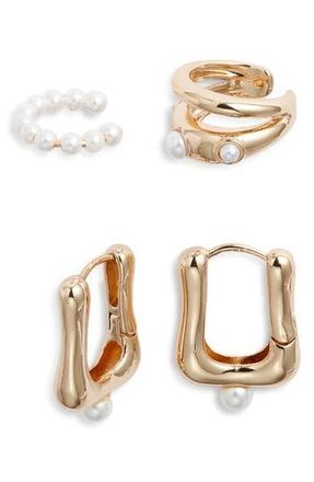 Open Edit Set of 4 Cultured Pearl Ear Cuffs & Hoop Earrings in White- Gold at Nordstrom Rack