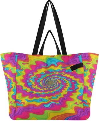 Generic Pink Yellow Tie Dye print Reusable Canvas Tote Bag, Heavy Duty Grocery Shopping Bag with Hard Bottom Large Capacity Double Handles Work Groceries Trav