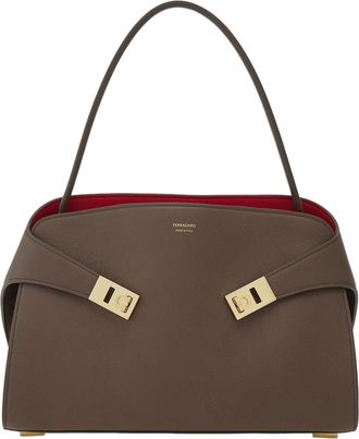 Ferragamo Structured Top Handle Leather Bag with Gold-Tone Accents