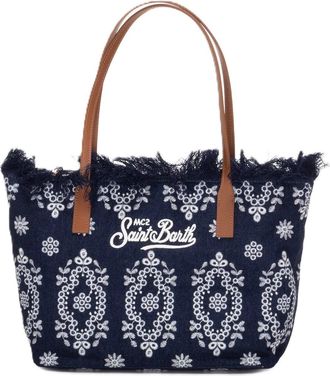 MC2 Saint Barth Navy Blue Rectangular Tote Bag with Embroidered Details