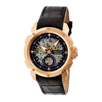 Heritor Carter Rose Gold-tone Stainless Steel Case Black Skeleton Dial Black Leather Mens Watch HR2506