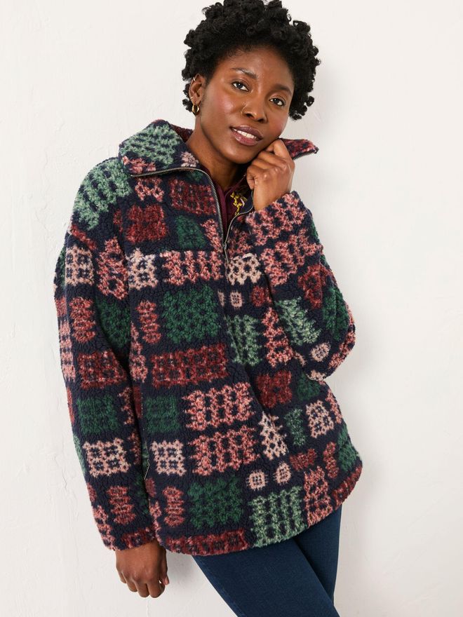 FatFace Navy Blanket Print Borg Fleece