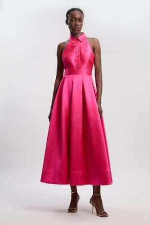 Karen Millen Womens Twill Contrast Collared Woven Maxi Dress - Fuchsia - Size 16 UK