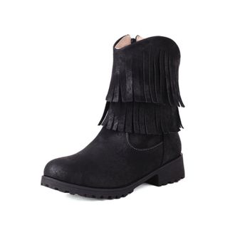 Generic Womens Mid Calf Boots Double Layer Fringe Faux Suede Upper Round Toe Low Block Heel Lug Sole Side Zip Closure Soft Lining Cushioned Insole Anti Slip,B