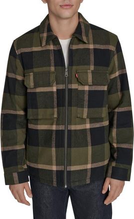 Levi's Insulated Plaid Cotton Flannel Zip-Up Shirt Jacket in Olive/Black at Nordstrom, Size Xx-Large R