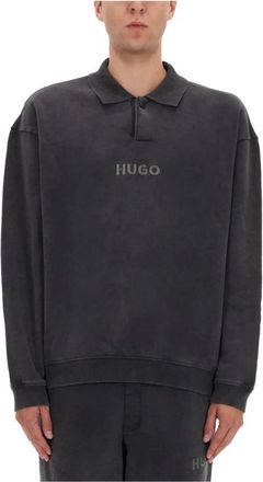 HUGO BOSS Polo-sweatshirt van katoen met gewassen effect - Heren - Sweatshirts - Grijs - XL - Katoen - Hoodies & sweatvesten