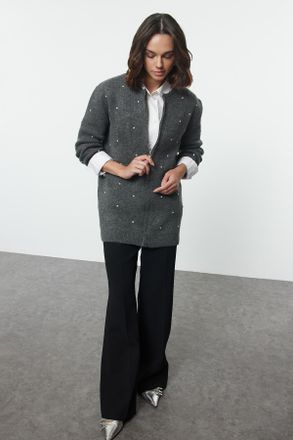 Trendyol Modest Dames Grijs Geborduurd Lang Oversized Modest Vesten