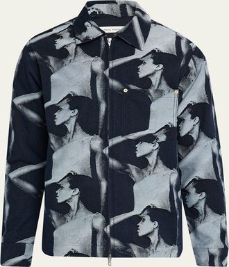 Wales Bonner Mens The Jet Magazine-Print Full-Zip Denim Jacket