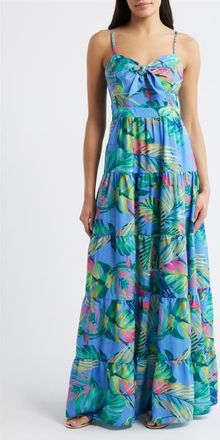 Eliza J Tie Front Tiered Maxi Dress in Blue Multi at Nordstrom, Size 16