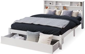 STILVORA Cama Con Cajones 140 X 200 Cm De Madera Maciza, Cama Doble Con 2 Cajones Y 6 Compartimentos, Sin Colch&oacute;n, Blanco
