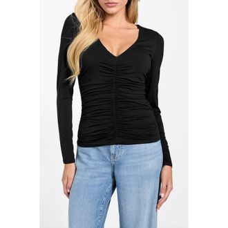 Guess Ayleen Ruched Long Sleeve Jersey Top in Jblack-Black at Nordstrom, Size Small