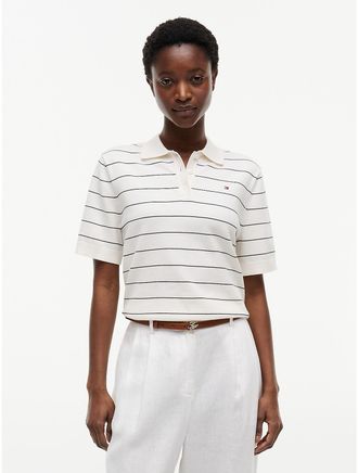 Tommy Hilfiger Womens Short-Sleeve Striped Sweater Polo - Navy Blue / Ivory Stripe - XL