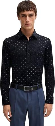 HUGO BOSS Herenoverhemd met gestippelde puntkraag en lange mouwen (Donkerblauw)