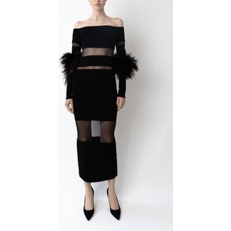 Sally Lapointe Matte Viscose Intarsia Dress With Feathers in Black at Nordstrom, Size X-Small