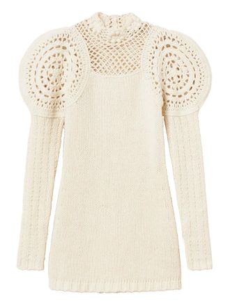 Twin-Set crochet-detailed puff-sleeve dress - women - Wool - S - Neutrals