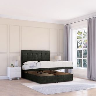 Sloomy Highbury Dumfries Fabric Ottoman Bed End Opening With Sprung Memory Mattress & 26 Inch strut Headboard in Black | Size: Small Single