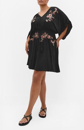 City Chic Seville Floral Embroidery Minidress in Black at Nordstrom, Size 20W