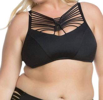 BECCA by Rebecca Virtue Electric Current Macrame High Neck Halter Bikini Top - Plus In Black