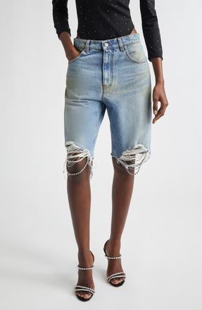 Area Crystal Frayed Cutoff Shorts in Medium Blue at Nordstrom, Size 28