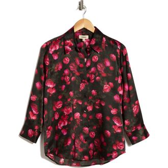 L'agence Dani Rose Print Silk Button-Up Shirt in Black/Pink Rosa Chinensis at Nordstrom Rack, Size X-Small