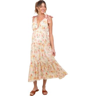 Pinkblush Floral Shoulder Tie Deep V-Neck Tiered Maxi Dress in Cream at Nordstrom, Size Small