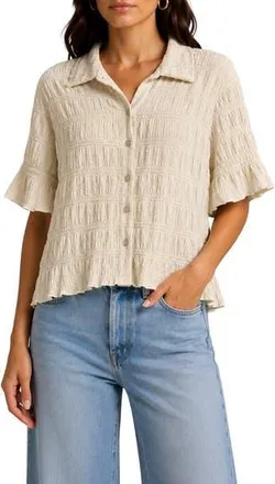 Nanette Lepore Crinkled Knit Short Sleeve Button-Up Top in Ecru at Nordstrom Rack, Size X-Large