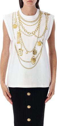 Balmain Womens Trompe-l OEil Collier Print Vest Top - White Cotton - Size Medium