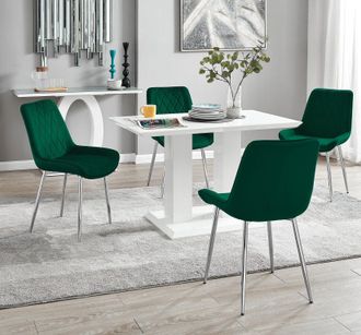 Furniturebox Imperia 4 Seater Modern White High Gloss Rectangular Dining Table & 4 Persaro Velvet Chairs in Green