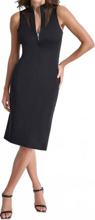 DKNY Sheer Mesh Yoke Zip Front Sheath Dress In Black