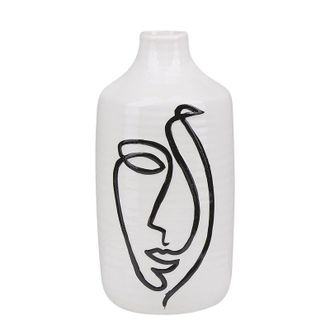 Beliani Beliani - Florero Blanco De Gres Con Motivo Facial Accesorio Decorativo Para El Hogar Aenus