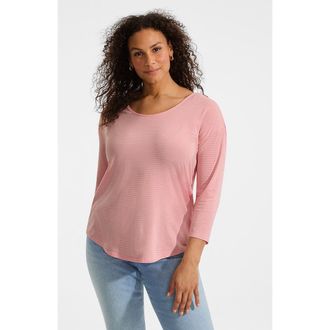 Lands End 3/4 Sleeve Lightweight Jersey U-Neck Tunic in Sunset Coral Pink Thin Stripe at Nordstrom, Size Medium P