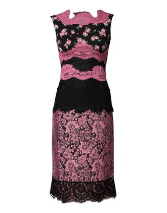 Dolce & Gabbana Black Pink Floral Lace Silk Sheath Womens Dress