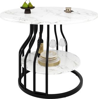 STILVORA Mesa De Comedor Redonda Para 4 Personas En Mdf Con Espacio De Almacenamiento, Motivo Marmoleado, Patas Ajustables - 80&times;80&times;76 Cm, Negro