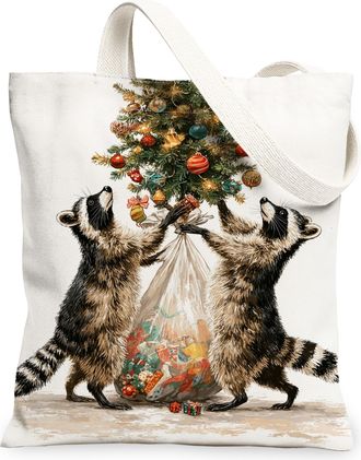 Generic Christmas Raccoon Canvas Tote Bags, Animal Tree Pattern Reusable Grocery Bags, Holiday Vintage Lightweight Washable Shoulde, White, 13x15 Inch