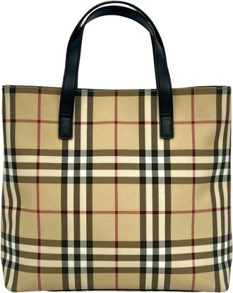Burberry Beige Black Canvas Leather Handbag Tote Bag (Pre-Owned)