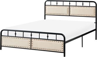 Beliani Metal Bed Black Iron Slatted Frame EU Double Size 4ft6 Fabric Contemporary Traditional BREUILLET