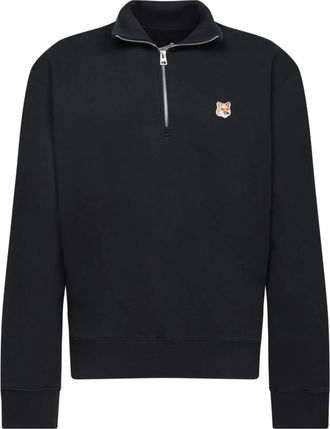 Maison Kitsun&eacute; Hoodies & sweatvesten, Heren, Zwart, S, Katoen, Fox Head Patch Comfort Half Zip Sweatshirt