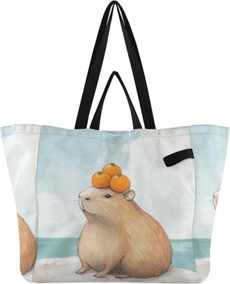 Generic Capybara Oranges Head print Reusable Canvas Tote Bag, Heavy Duty Grocery Shopping Bag with Hard Bottom Large Capacity Double Handles Work Groceries Tr