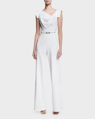 Black Halo Jackie Cap-Sleeve Belted Wide-Leg Jumpsuit
