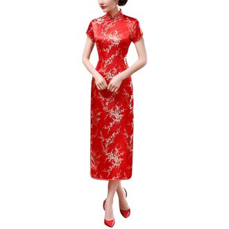 Generic Vintage Short Sleeve Maxi Cheongsam Print High Slit Side Traditional Chinese New Year Party Bodycon Costume, Plum Red, M