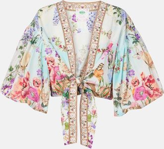 Camilla Tie-front puff-sleeve crop top